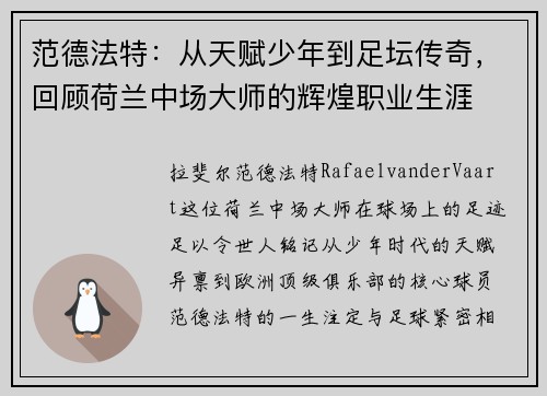 范德法特：从天赋少年到足坛传奇，回顾荷兰中场大师的辉煌职业生涯